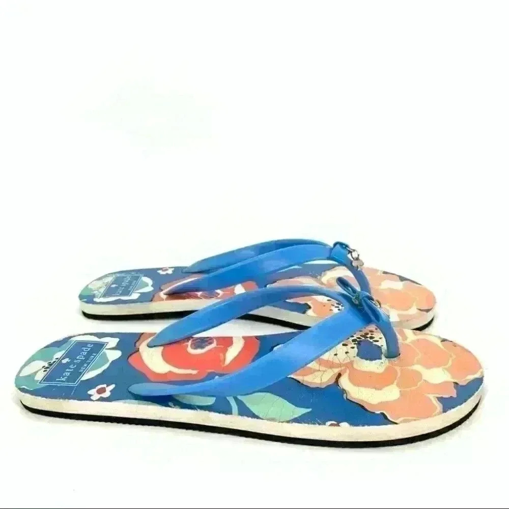 Kate spade women sandals size 9-10 L multicolored floral tropical flip flops - Picture 2 of 9